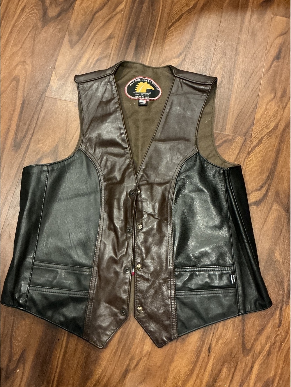 Hillside USA Genuine Horsehide Leather Motorcycle Vest Size 54 2XL Brown Black
